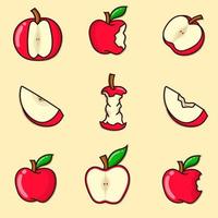 manzana, conjunto, vector, ilustración, manzana roja, con, contorno, cortado, y, mordido vector