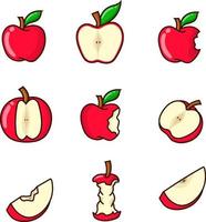 manzana, conjunto, vector, ilustración, manzana roja, con, contorno, cortado, y, mordido vector