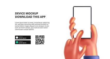 cute 3d hand holding phone mockup download this app vector