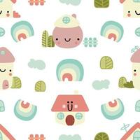 Vector seamless pattern with cute houses, clouds, rainbows.