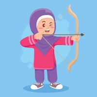 cute moslem girl doing archery sport illustration vector