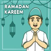 niño musulmán saludando feliz ramadan kareem ilustración vector