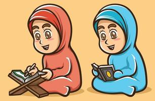 cute moslem hijab girls reading quran books illustration vector