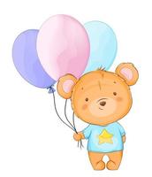 Cute little bear holding colored balloons vector