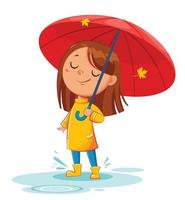 Girl in rad raincoat, rainy autumn vector