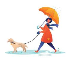 mujer joven, ambulante, el, perro, debajo, paraguas vector