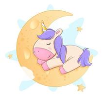 Cute unicorn sleeping on the moon vector