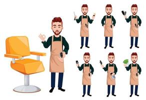 barbero en estilo hipster, conjunto de siete poses vector