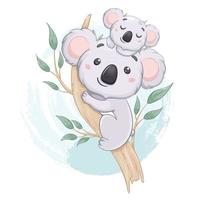 divertido koala con su bebé en el árbol de eucalipto vector