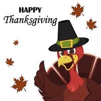 Thanksgiving greeting card with a turkey bird wearing a Pilgrim hat. vector