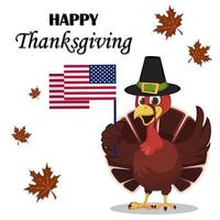 Thanksgiving greeting card with a turkey bird wearing a Pilgrim hat vector