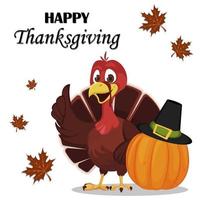 Thanksgiving greeting card with a turkey bird standing near pumpkin vector