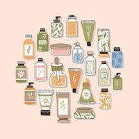 Pattern with organic cosmetics. A set of bottles and tubes, jars vector