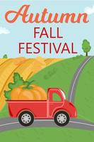 banner del festival de otoño otoño. Camión rojo con calabaza conduciendo por carretera vector