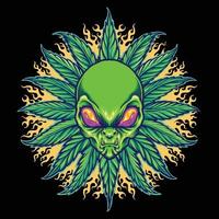 Mandala de cannabis alienígena de malezas con ilustraciones de vectores de fuego