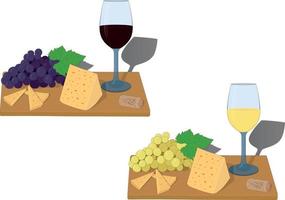 Serving board with glass of wine, grapes and cheese slices vector