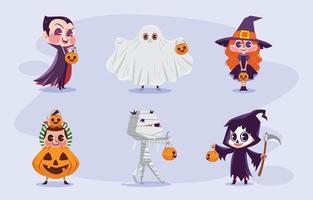 truco o trato de halloween con disfraces de personajes de dibujos animados vector