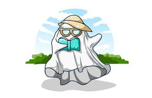 lindo fantasma con gafas y sombrero de verano leyendo una ilustración de libro vector