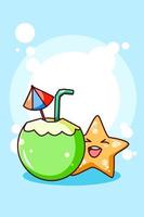 Young coconut with starfish in the summer cartoon illustration vector