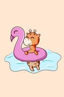 Cute giraffe swimming in the summer cartoon illustration vector