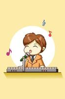 Happy and cute boy playing the piano cartoon character illustration vector