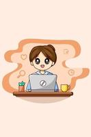 Office worker girl with laptop business cartoon illustration vector