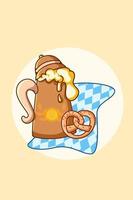 Pretzel and kettles beer in oktoberfest cartoon illustration vector