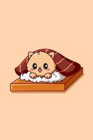 cute and funny cat in sushi meal icon cartoon illustration