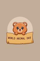 Funny bear with world animal day sign cartoon illustration vector