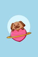 dog on heart shaped planet icon cartoon illustration vector