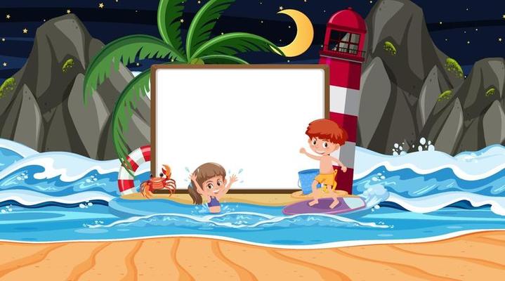 Kids on summer vacation at the beach night scene with an empty banner