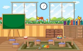Empty kindergarten room with classroom objects and interior decoration vector