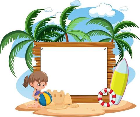 Empty banner with kids character on summer vacation at the beach