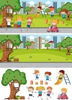 Different horizontal park scenes with doodle kids cartoon character vector