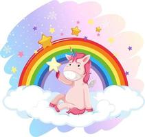 lindo unicornio en el cielo pastel con arcoiris vector