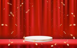 3d podium background with red curtain and confetti vector