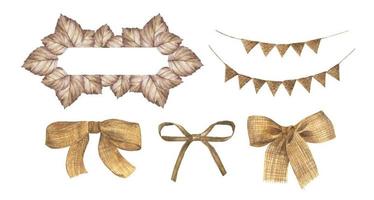 Leaf frame, bunting pastel flags and burlap bow set. Watercolor. vector