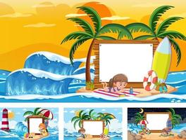 Set of different tropical beach scenes with blank banner vector