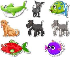 Set of stickers with sea animals and dogs cartoon character vector