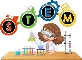 STEM education logo with scientist kid cartoon character vector
