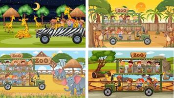 Conjunto de diferentes animales en escenas de safari con niños. vector