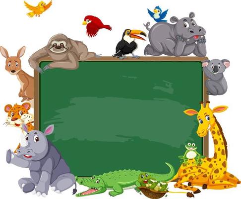 Empty blackboard with various wild animals