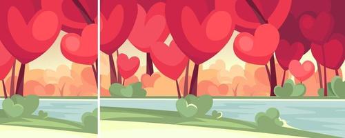 Forest with heart shape trees by the river in two orientations. vector