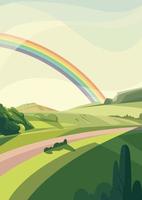 Vertical landscape with hills and rainbow.