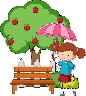 Doodle cartoon character a girl holding an umbrella with apple tree