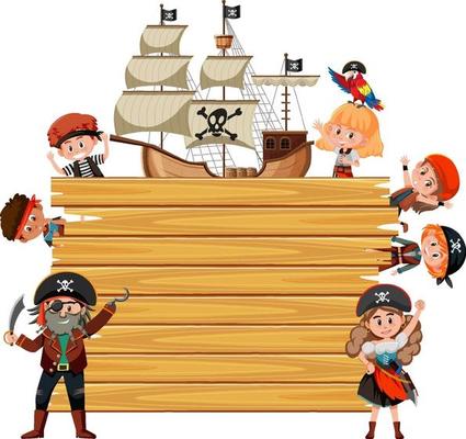 Empty wooden board with many pirate kids cartoon character