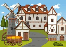 Escena de pueblo medieval con molino de viento y casas. vector