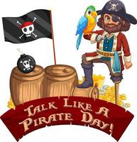 Talk Like A Pirate Day font banner with Pirate cartoon character vector