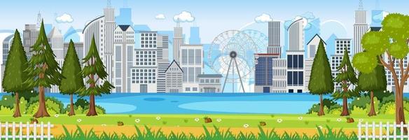 Park horizontal scene with cityscape background at day time vector