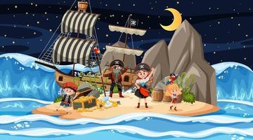 escena de la isla del tesoro en la noche con niños piratas vector